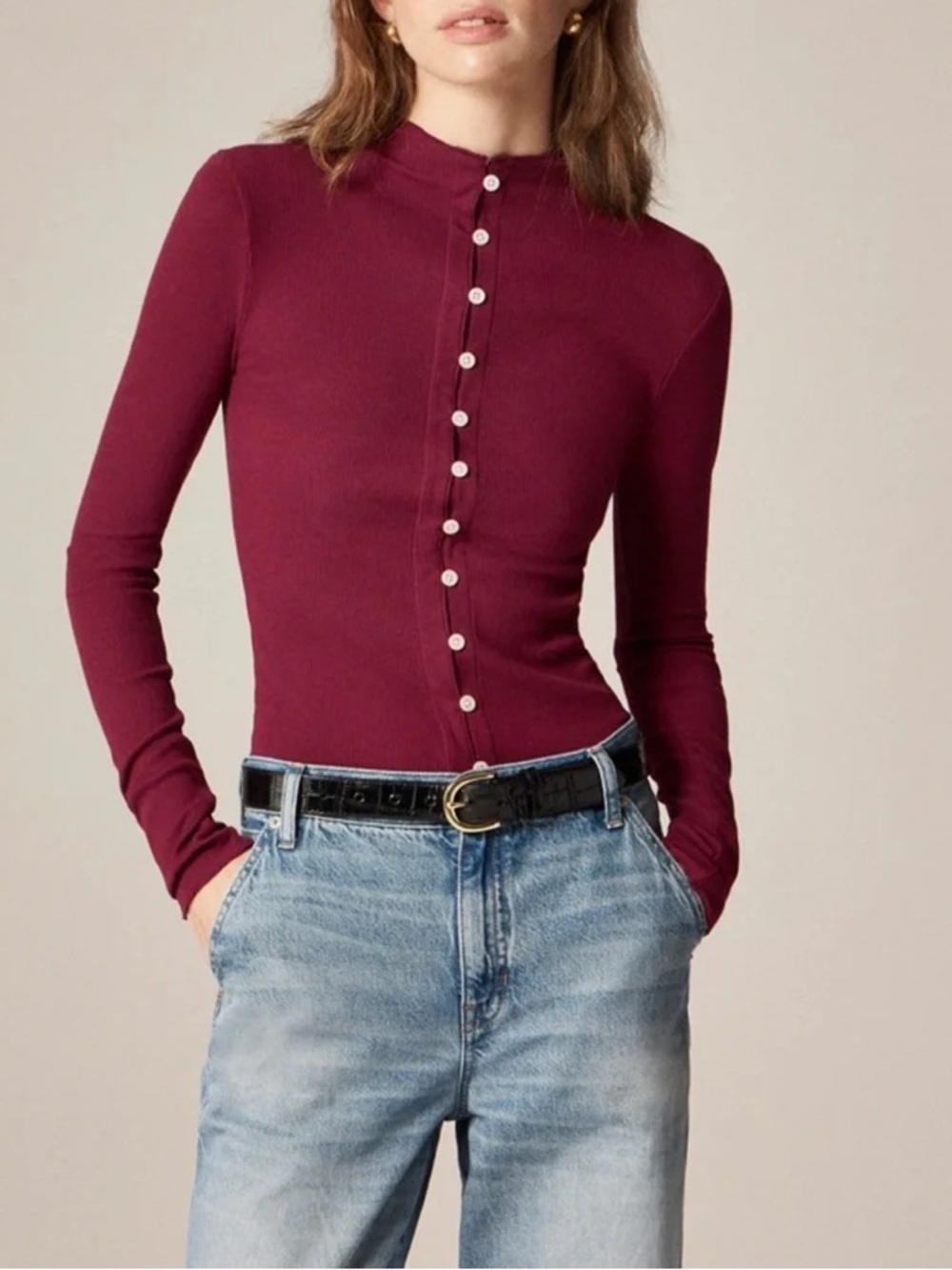 J Crew Perfect Rib Cardigan Top Inky Burgundy Long Sleeve Jewel Buttons Size L